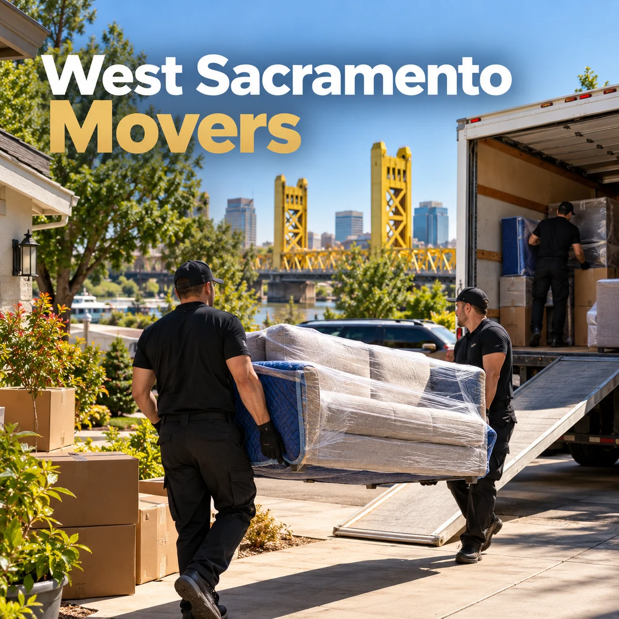 Movers carrying a wrapped sofa toward a moving truck in West Sacramento, with Tower Bridge in the background.